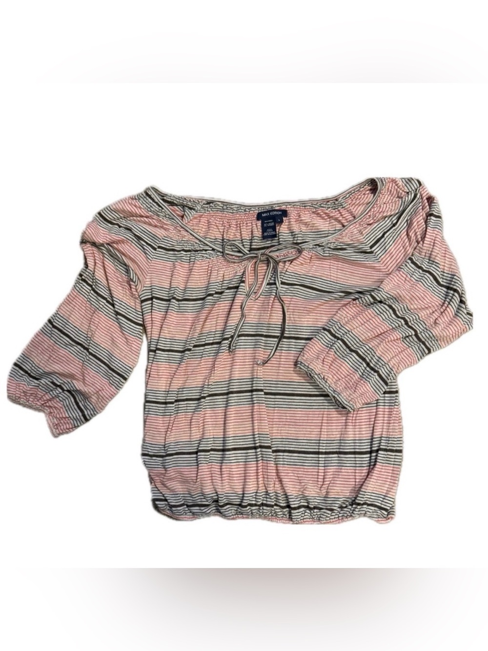 Max Edition Striped Peasant Top | Coral & Gray Boho Off-the-Shoulder Blouse L